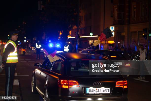 Fans celebrating in the streets of Munich. German fans watched the match Germany Sweden 2-1, which Germany won in the last minute, of the FIFA World...