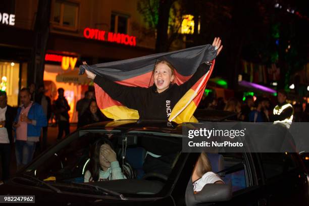 Fans celebrating in the streets of Munich. German fans watched the match Germany Sweden 2-1, which Germany won in the last minute, of the FIFA World...