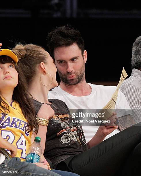 Adam Levine attends a game between the Utah Jazz and the Los Angeles Lakers at Staples Center on April 2, 2010 in Los Angeles, California.