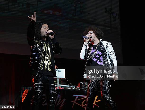 SkyBlu and Red Foo of LMFAO perform at HP Pavilion on April 2, 2010 in San Jose, California.