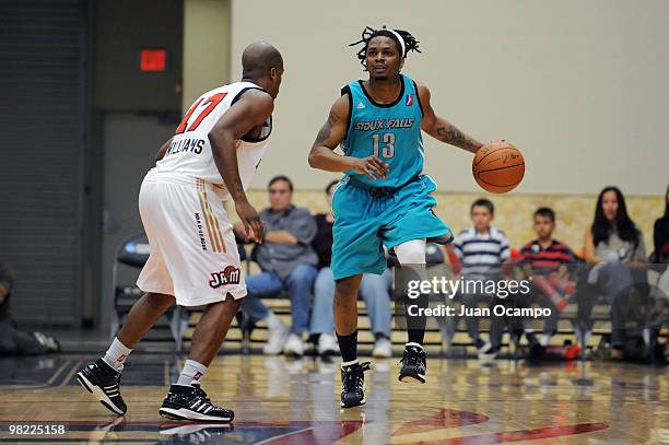 David Bailey of the Sioux Falls Skyforce dribbles against John Williams of the Bakersfield Jam during a D-League game on April 2, 2010 at Jam Events...