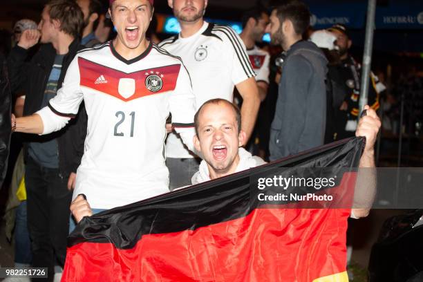 Fans celebrating in the streets of Munich. German fans watched the match Germany Sweden 2-1, which Germany won in the last minute, of the FIFA World...