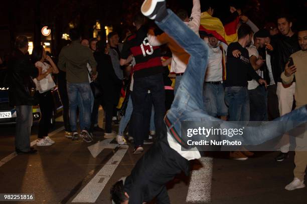 Fans celebrating in the streets of Munich. German fans watched the match Germany Sweden 2-1, which Germany won in the last minute, of the FIFA World...