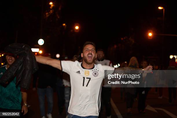 Fans celebrating in the streets of Munich. German fans watched the match Germany Sweden 2-1, which Germany won in the last minute, of the FIFA World...