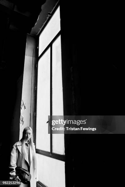 Model poses backstage prior the Etudes Menswear Spring Summer 2019 show as part of Paris Fashion Week on June 23, 2018 in Paris, France.