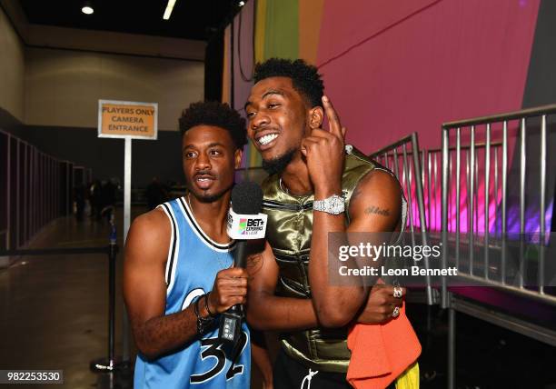 Juhahn Jones and Desiigner attend the Celebrity Basketball Game Sponsored By Sprite during the 2018 BET Experience at Los Angeles Convention Center...