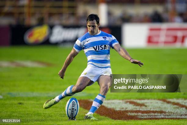 Nicolas Sanchez from Argentina kicks the ball, during their international test match against Scotland, at the Centenario stadium, in Resistencia,...