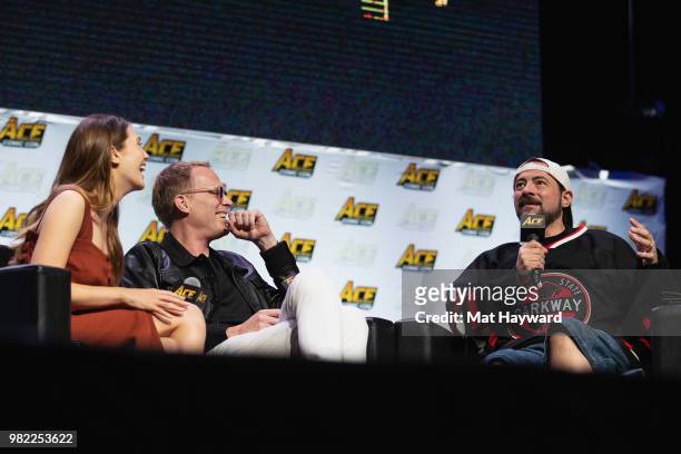 Elizabeth Olsen, Paul Bettany and Kevin Smith speak on stage during ACE Comic Con at WaMu Theature on June 23, 2018 in Seattle, Washington.