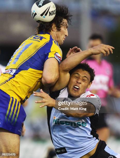 Anthony Tupou of the Sharks collides with Nathan Hindmarsh of the Eels during the round four NRL match between the Cronulla Sharks and the Parramatta...