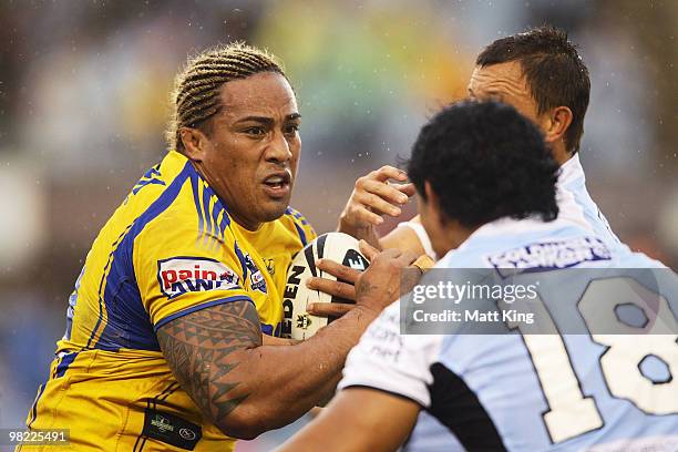 Fuifui Moimoi of the Eels takes on the defence during the round four NRL match between the Cronulla Sharks and the Parramatta Eels at Toyota Stadium...