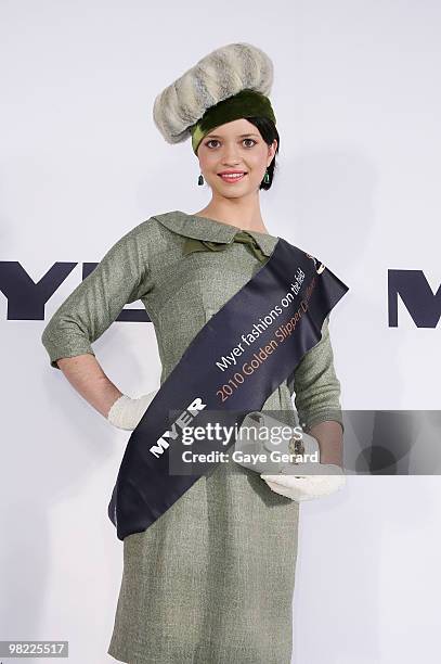 Winner of Fashions on the Field Stephanie Meneve poses during the Golden Slipper Day at the Rosehill Gardens on April 3, 2010 in Sydney, Australia.