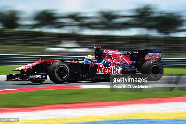 Sebastien Buemi of Switzerland and Scuderia Toro Rosso drives during the final practice session prior to qualifying for the Malaysian Formula One...