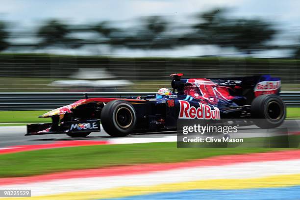Sebastien Buemi of Switzerland and Scuderia Toro Rosso drives during the final practice session prior to qualifying for the Malaysian Formula One...