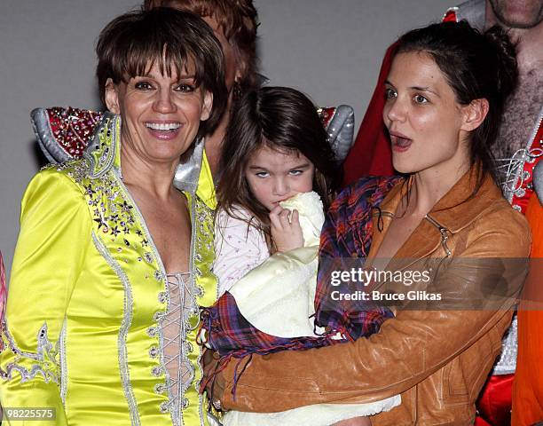 Beth Leavel, Suri Cruise and Katie Holmes backstage at the hit musical "Mamma Mia!" on Broadway at The Wintergarden Theater on April 2, 2010 in New...