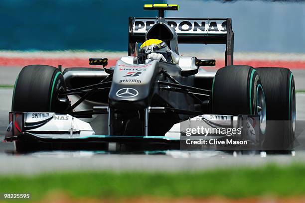 Nico Rosberg of Germany and Mercedes GP drives during the final practice session prior to qualifying for the Malaysian Formula One Grand Prix at the...