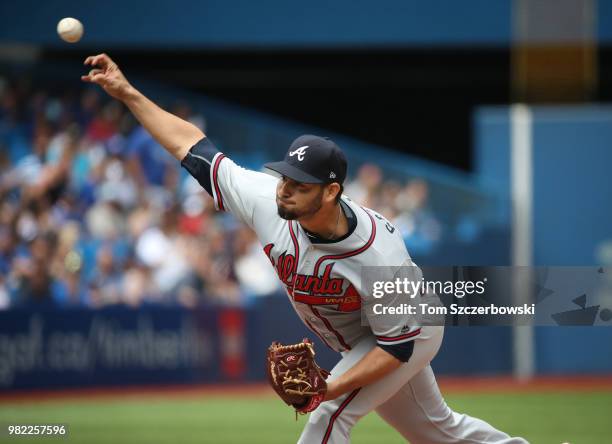 Anibal Sanchez of the Atlanta Braves delivers a pitch in the first inning during MLB game action against the Toronto Blue Jays at Rogers Centre on...