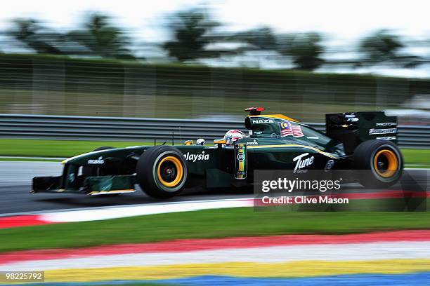 Jarno Trulli of Italy and Lotus drives during the final practice session prior to qualifying for the Malaysian Formula One Grand Prix at the Sepang...