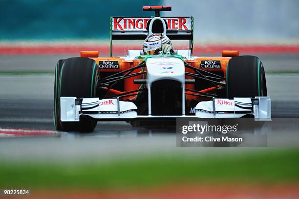 Adrian Sutil of Germany and Force India drives during the final practice session prior to qualifying for the Malaysian Formula One Grand Prix at the...