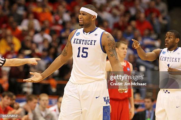 DeMarcus Cousins of the Kentucky Wildcats reacts against the Cornell Big Red during the east regional semifinal of the 2010 NCAA men's basketball...