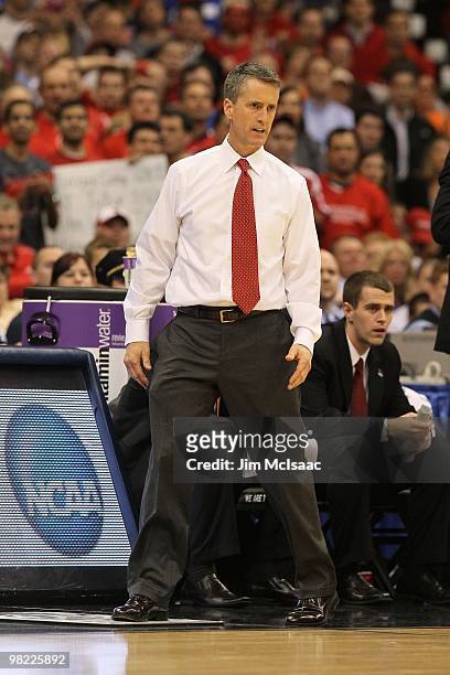 Head coach Steve Donahue of the Cornell Big Red reacts as he coaches against the Kentucky Wildcats during the east regional semifinal of the 2010...