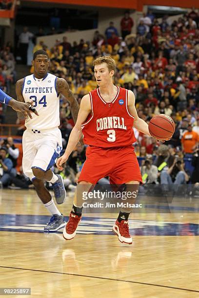 Chris Wroblewski of the Cornell Big Red brings the ball up court against the Kentucky Wildcats during the east regional semifinal of the 2010 NCAA...