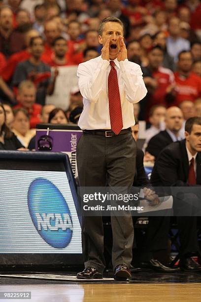 Head coach Steve Donahue of the Cornell Big Red reacts as he coaches against the Kentucky Wildcats during the east regional semifinal of the 2010...