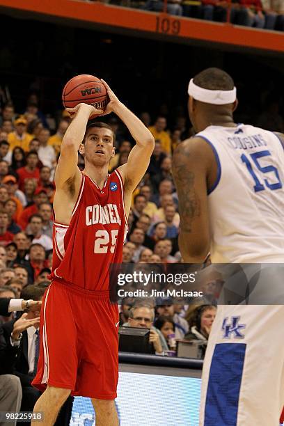 Jon Jaques of the Cornell Big Red attempts a shot against the Kentucky Wildcats during the east regional semifinal of the 2010 NCAA men's basketball...