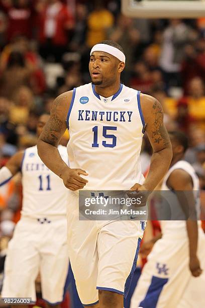 DeMarcus Cousins of the Kentucky Wildcats runs up court against the Cornell Big Red during the east regional semifinal of the 2010 NCAA men's...