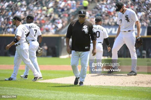 Pitching coach Don Cooper of the Chicago White Sox walks toward the dugout after visiting the pitchers mound to talk to Lucas Giolito during the game...