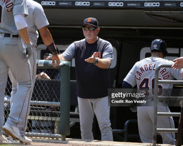 Manager Ron Gardenhire of the Detroit Tigers congratulates his players during the game against the Chicago White Sox on June 16, 2018 at Guaranteed...