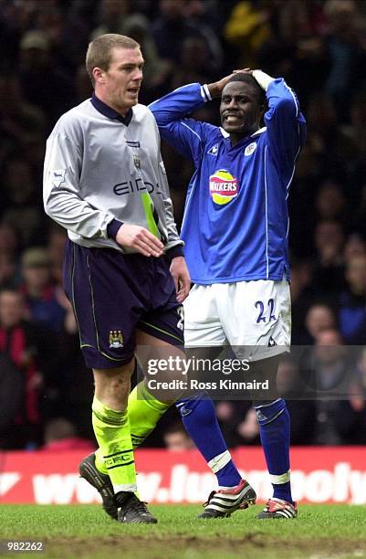 Ade Akinbiyi of Leicester reacts after missing a chance during the FA Carling Premiership match between Leicester City v Manchester City at Filbert...