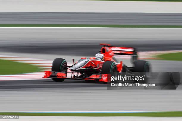 Timo Glock of Germany and Virgin GP drives during the final practice session prior to qualifying for the Malaysian Formula One Grand Prix at the...