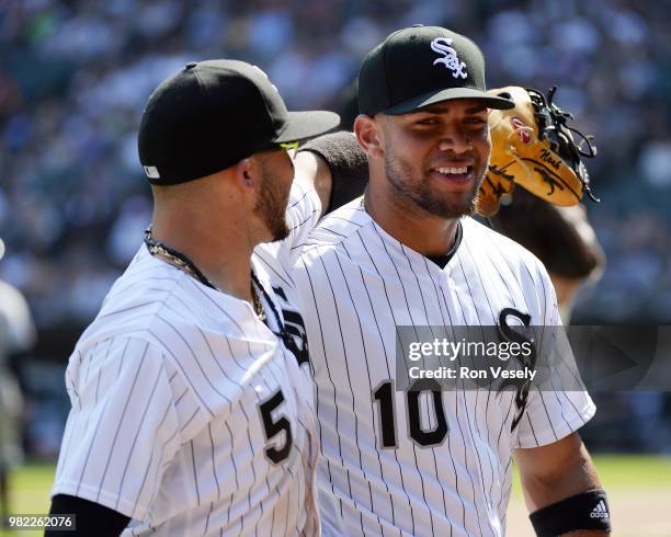 Yoan Moncada and Yolmer Sanchez of the Chicago White Sox walk together towards the dugout during the game against the Detroit Tigers on June 16, 2018...