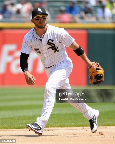 Yolmer Sanchez of the Chicago White Sox fields against the Detroit Tigers on June 16, 2018 at Guaranteed Rate Field in Chicago, Illinois.