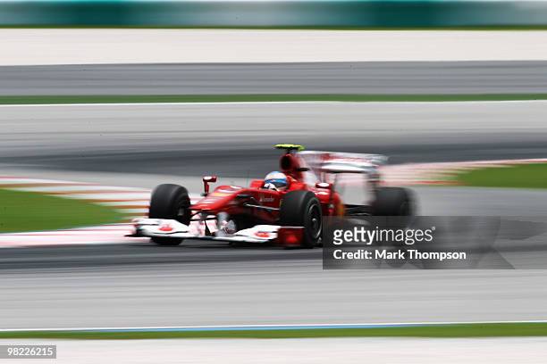 Fernando Alonso of Spain and Ferrari drives during the final practice session prior to qualifying for the Malaysian Formula One Grand Prix at the...