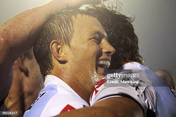 Tim Smith of the Sharks celebrates the try of Blake Ferguson during the round four NRL match between the Cronulla Sharks and the Parramatta Eels at...