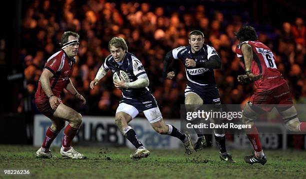 Mathew Tait of Sale charges forward during the Guinness Premiership match between Sale Sharks and Worcester Warriors at Edgeley Park on April 2, 2010...