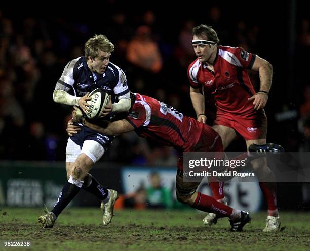 Mathew Tait of Sale charges forward during the Guinness Premiership match between Sale Sharks and Worcester Warriors at Edgeley Park on April 2, 2010...