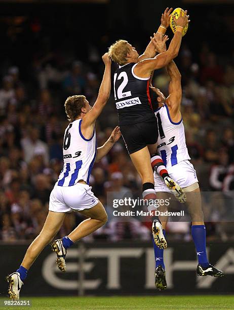 Nick Riewoldt of the Saints flies for a mark during the round two AFL match between the St Kilda Saints and the North Melbourne Kangaroos at Etihad...