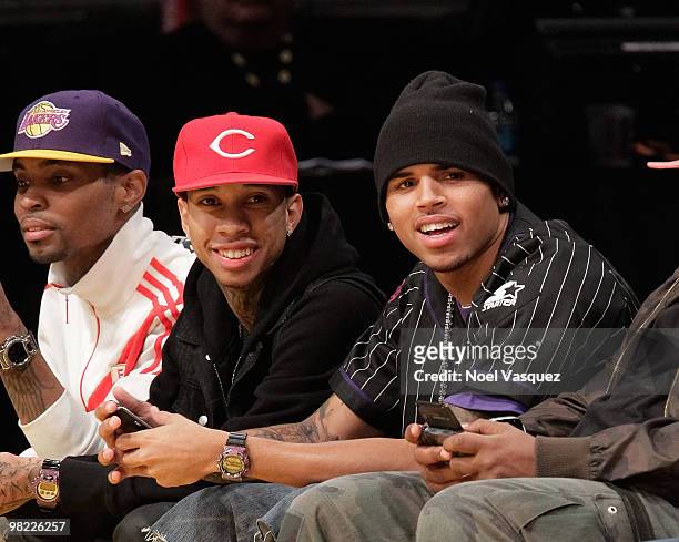 Chris Brown and Tyga attend a game between the Utah Jazz and the Los Angeles Lakers at Staples Center on April 2, 2010 in Los Angeles, California.