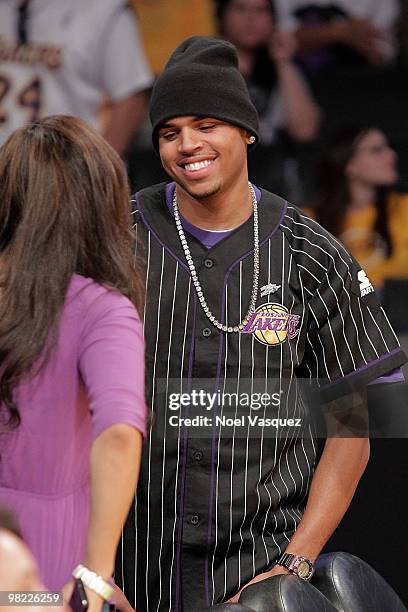 Chris Brown attends a game between the Utah Jazz and the Los Angeles Lakers at Staples Center on April 2, 2010 in Los Angeles, California.