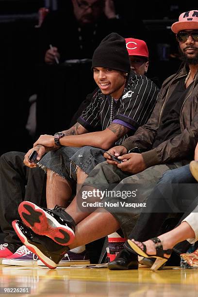 Chris Brown attends a game between the Utah Jazz and the Los Angeles Lakers at Staples Center on April 2, 2010 in Los Angeles, California.