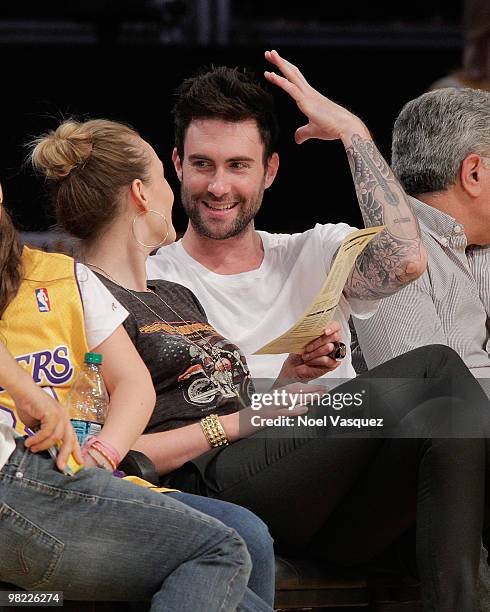 Adam Levine attends a game between the Utah Jazz and the Los Angeles Lakers at Staples Center on April 2, 2010 in Los Angeles, California.