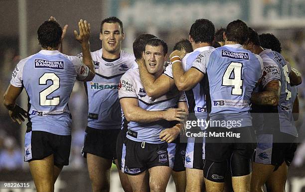 Paul Gallen of the Sharks celebrates with his team mates after the final whistle during the round four NRL match between the Cronulla Sharks and the...