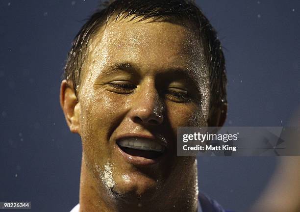 Tim Smith of the Sharks celebrates the try of Blake Ferguson during the round four NRL match between the Cronulla Sharks and the Parramatta Eels at...