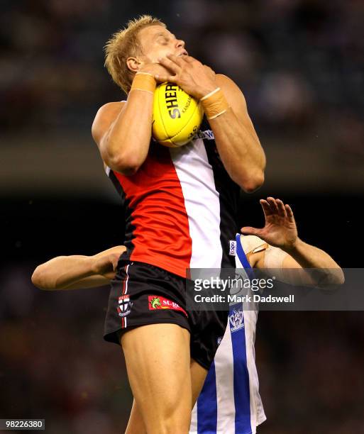 Nick Riewoldt of the Saints marks on a lead during the round two AFL match between the St Kilda Saints and the North Melbourne Kangaroos at Etihad...