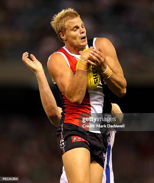 Nick Riewoldt of the Saints marks on a lead during the round two AFL match between the St Kilda Saints and the North Melbourne Kangaroos at Etihad...