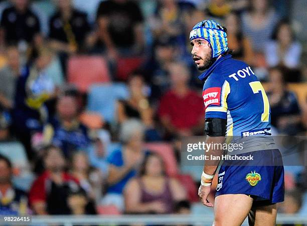 Johnathan Thurston of the Cowboys prepares to take a conversion during the round four NRL match between the North Queensland Cowboys and the Gold...