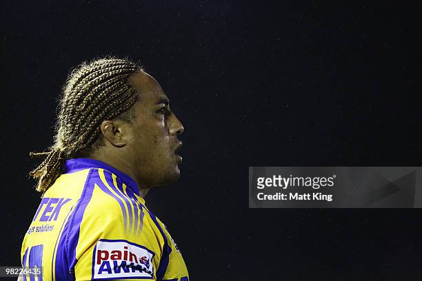 Fuifui Moimoi of the Eels waits on the sideline to be interchanged during the round four NRL match between the Cronulla Sharks and the Parramatta...