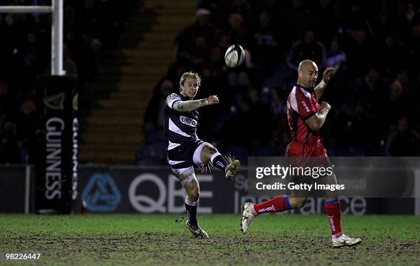 Mathew Tait of Sale kicks the ball upfield during the Guinness Premiership match between Sale Sharks and Worcester Warriors at Edgeley Park on April...